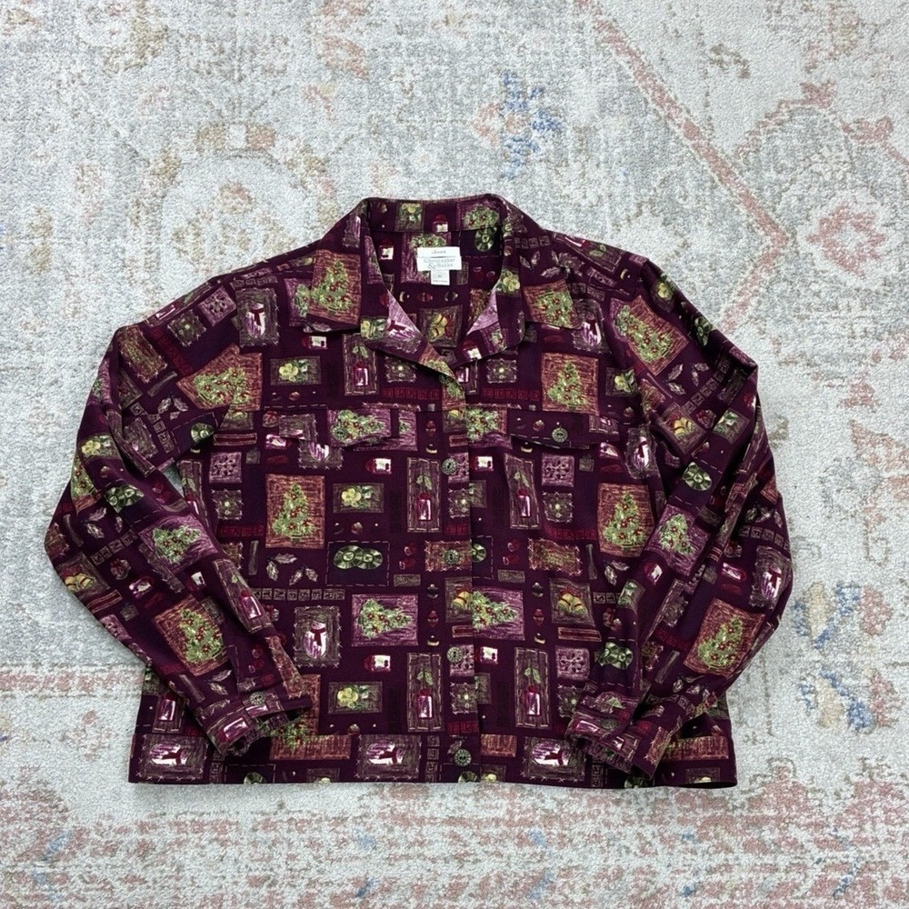 Vtg Christopher & Banks Holiday Shirt XL Burgundy Cottagecore Christmas Grandma